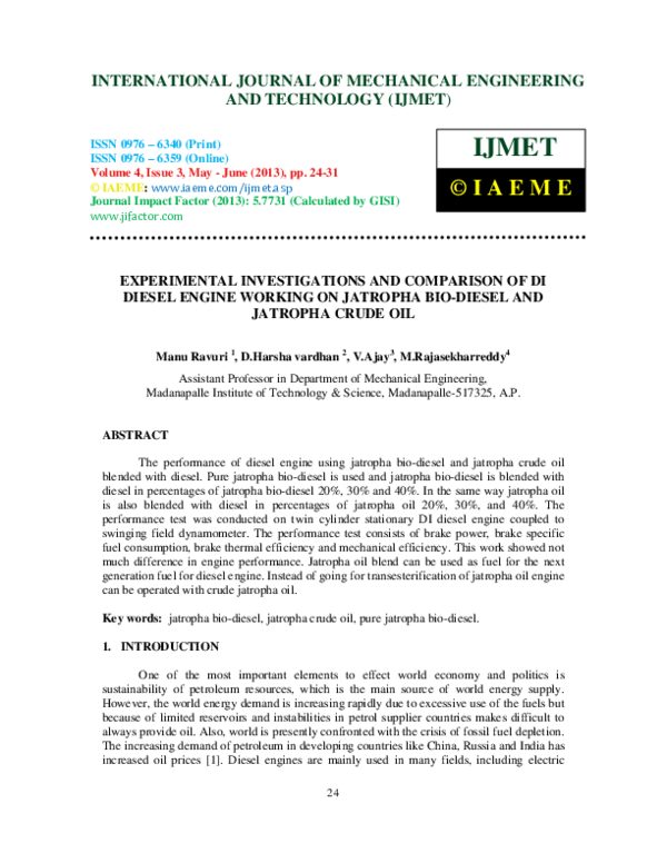 (PDF) EXPERIMENTAL INVESTIGATIONS AND COMPARISON OF DI DIESEL ENGINE ...
