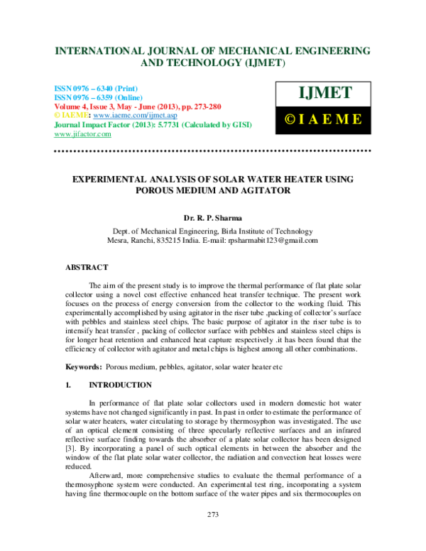 (PDF) EXPERIMENTAL ANALYSIS OF SOLAR WATER HEATER USING POROUS MEDIUM ...