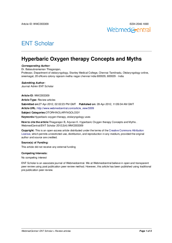 (PDF) Hyperbaric Oxygen therapy Concepts and Myths