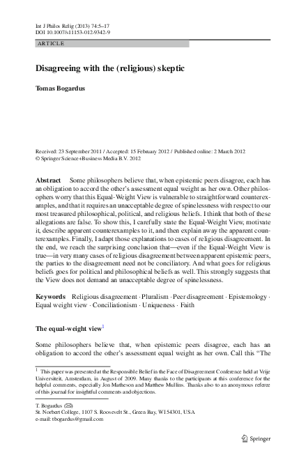 PDF) Disagreeing with the (Religious) Skeptic