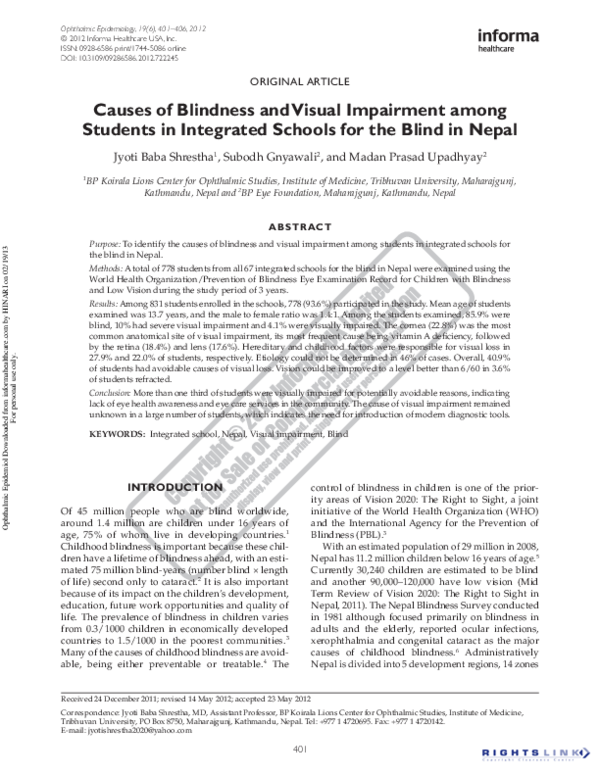 (PDF) causes of blindness and visual impairment among students in ...