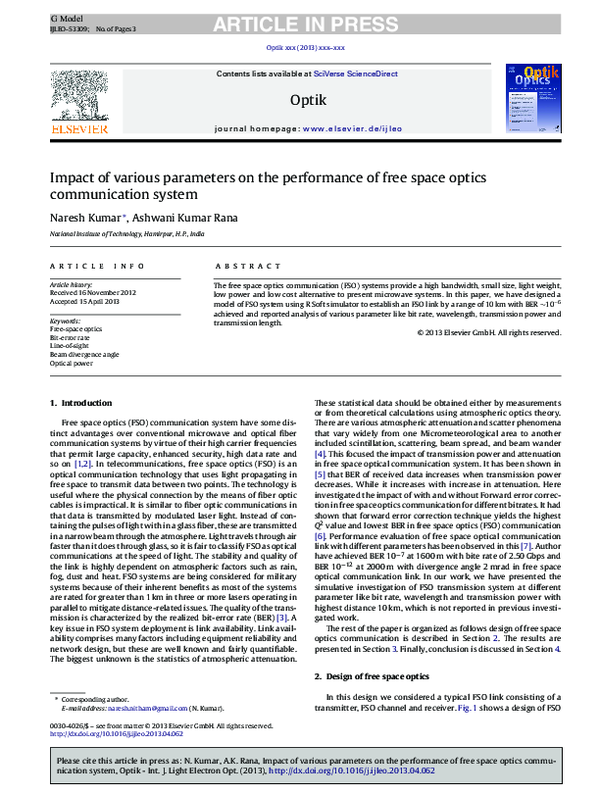 (PDF) Impact of various parameters on the performance of free space optics