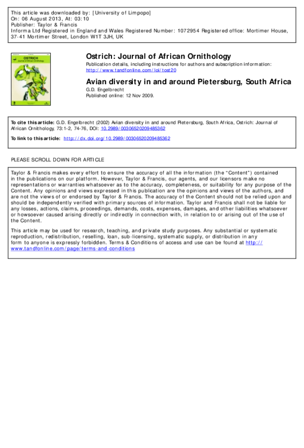(PDF) Avian diversity in and around Pietersburg, South Africa.