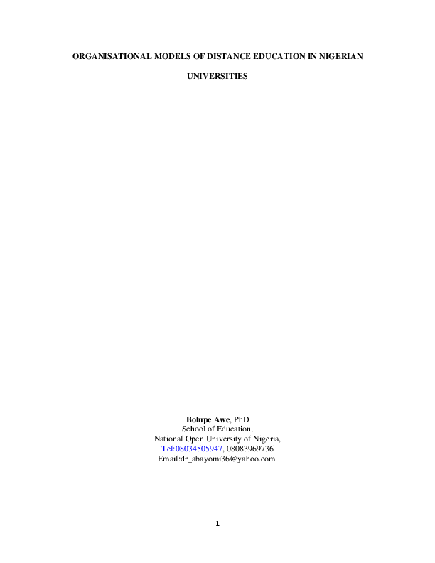(DOC) Organisational Models of distance education BOLUPE A AWE