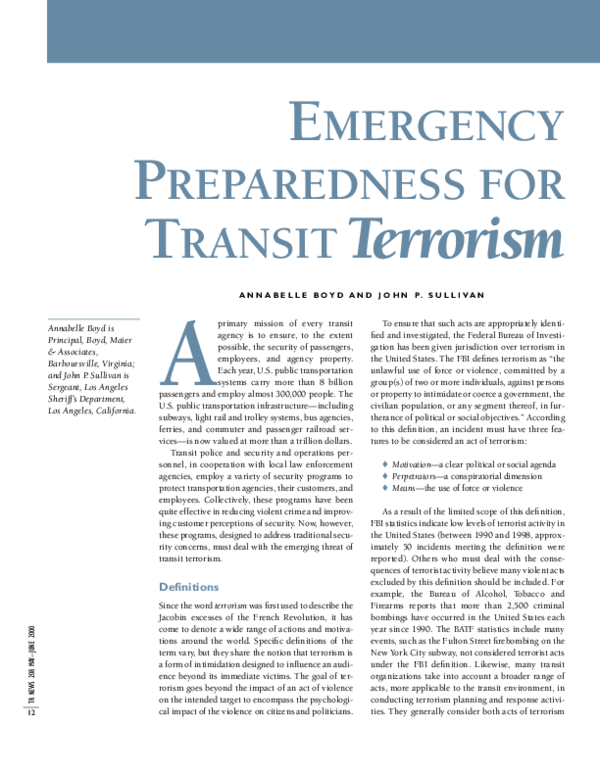 (PDF) Emergency Preparedness for Transit Terrorism (TR News Version)