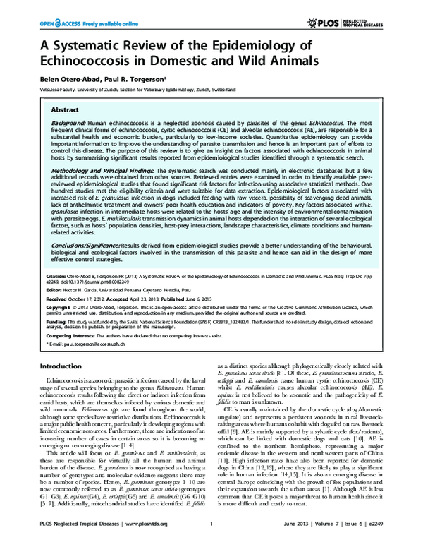 (PDF) A Systematic Review of the Epidemiology of Echinococcosis in ...