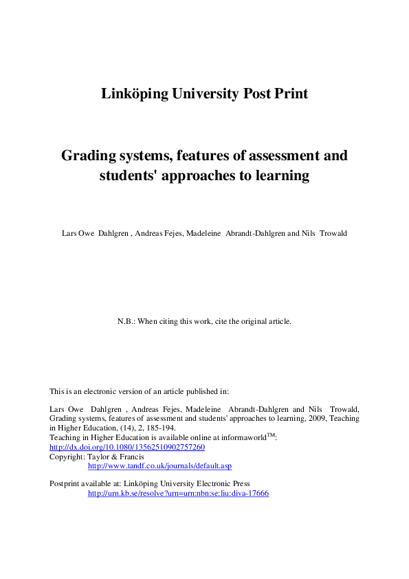 Pdf Grading Systems Features Of Assessment And Students Approaches
