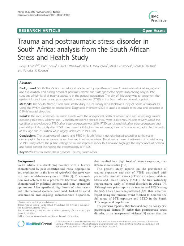 (PDF) Trauma and posttraumatic stress disorder in South Africa ...