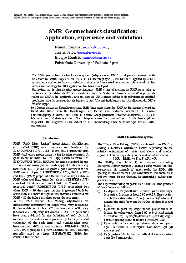 (PDF) SMR geomechanics classification for ICRM 2003