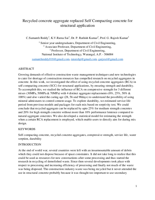 (PDF) Recycled concrete aggregate replaced Self Compacting concrete for ...
