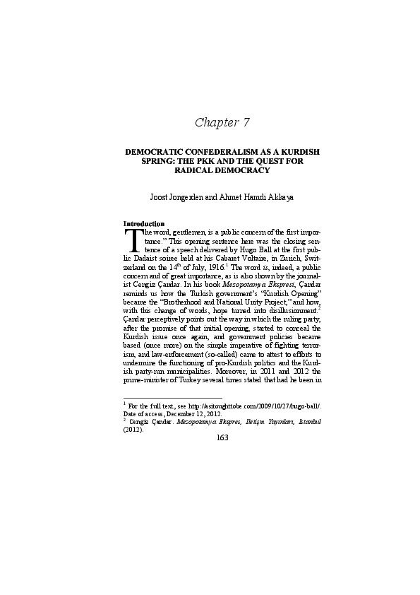 First page of “Democratic Confederalism as a Kurdish Spring: the PKK and the quest for radical democracy”