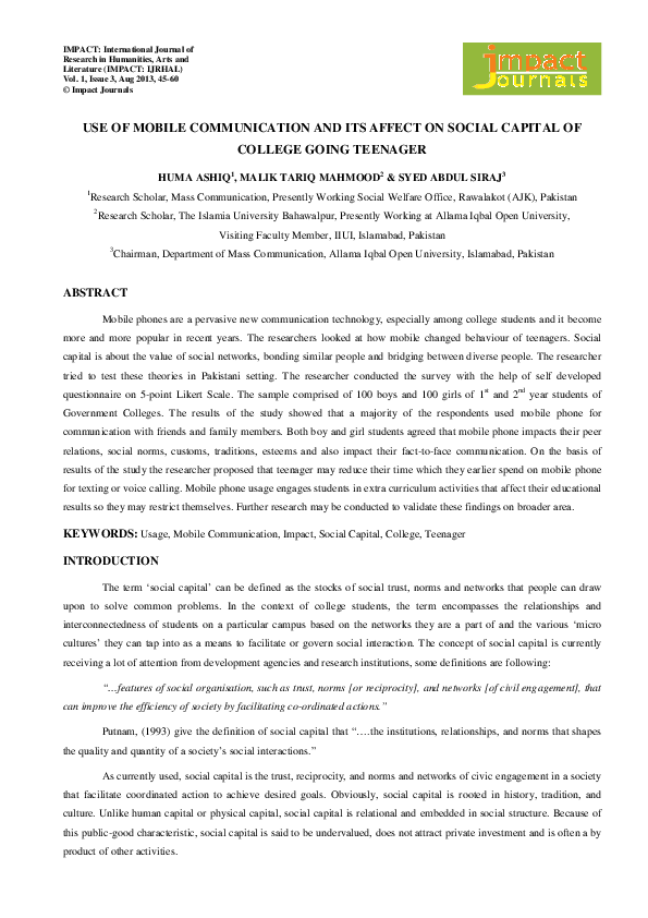 (PDF) USE OF MOBILE COMMUNICATION AND ITS AFFECT ON SOCIAL CAPITAL OF ...