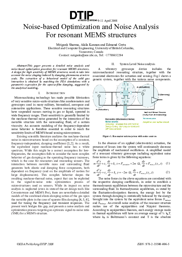 (PDF) Noise Analysis and Noise-based Optimization for Resonant MEMS ...