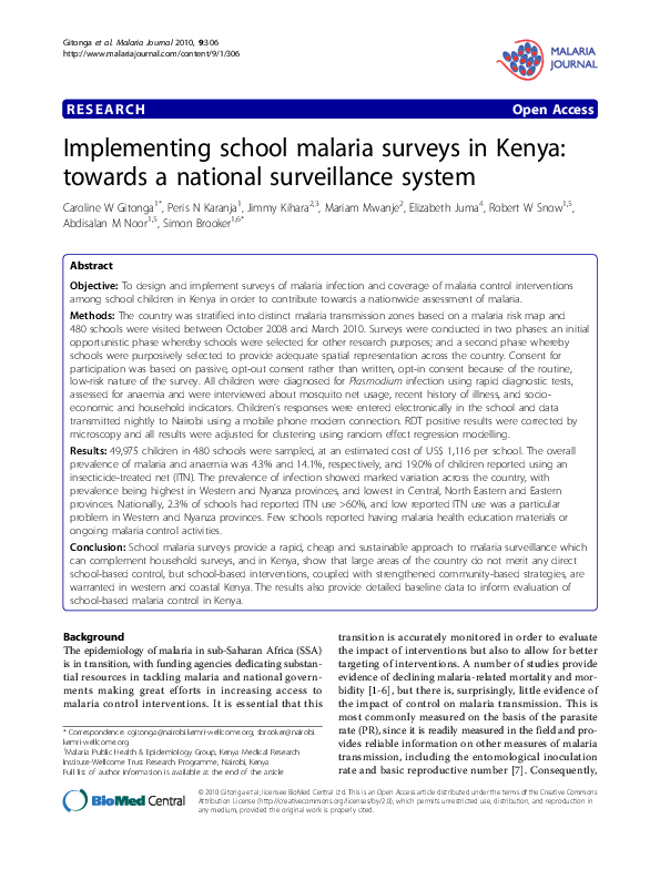 (PDF) Implementing school malaria surveys in Kenya: towards a national