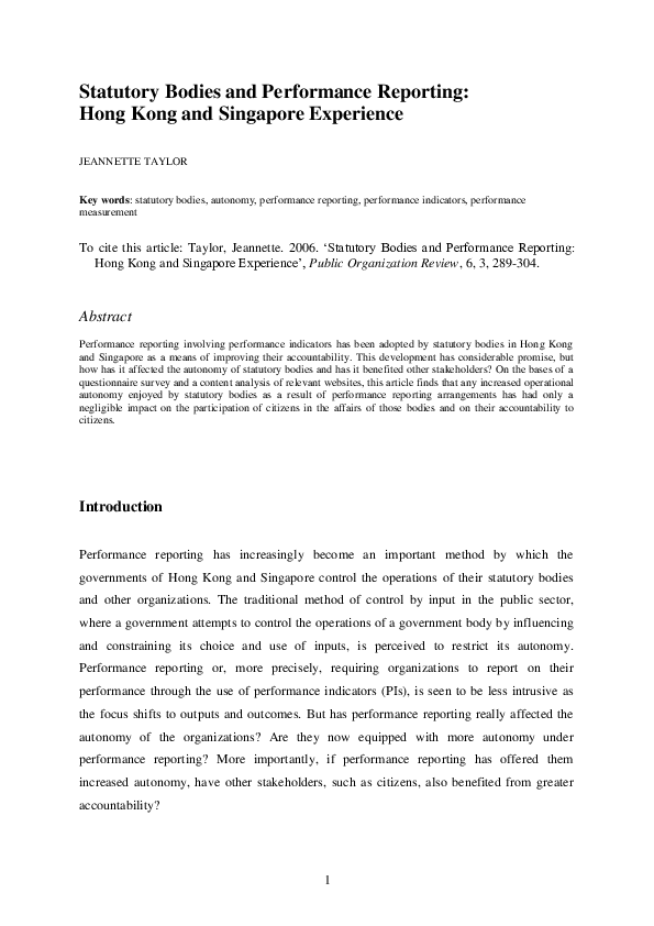 (DOC) Statutory Bodies and Performance Reporting Hong Kong and