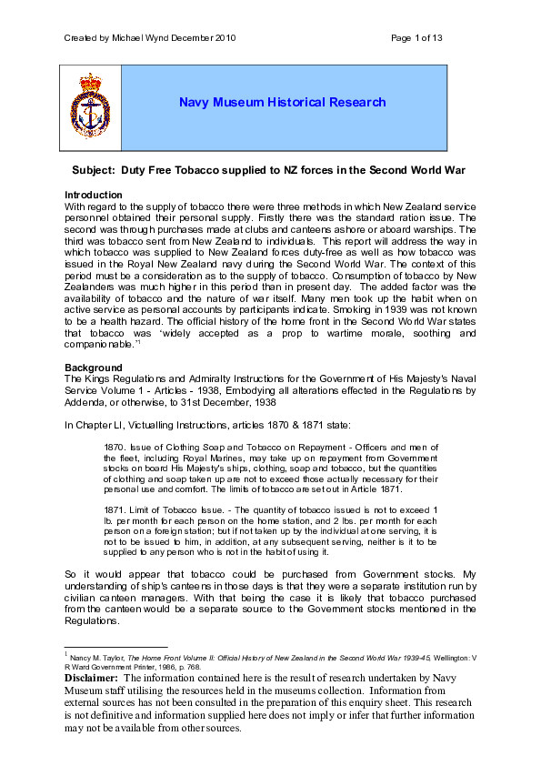 DOC) Duty-Free Tobacco Supplied to the New Zealand Forces in the Second  World War