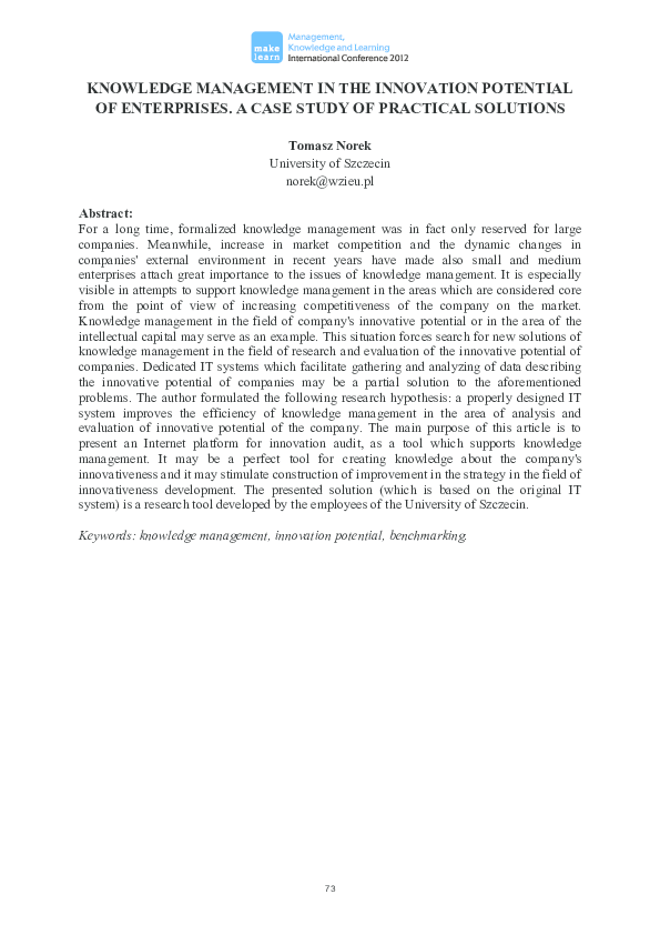 (PDF) Knowledge Management in the Innovation Potential of Enterprises