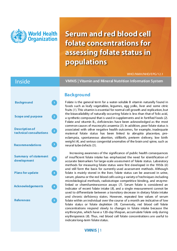 (PDF) WHO. Serum and red blood cell folate concentrations for assessing ...