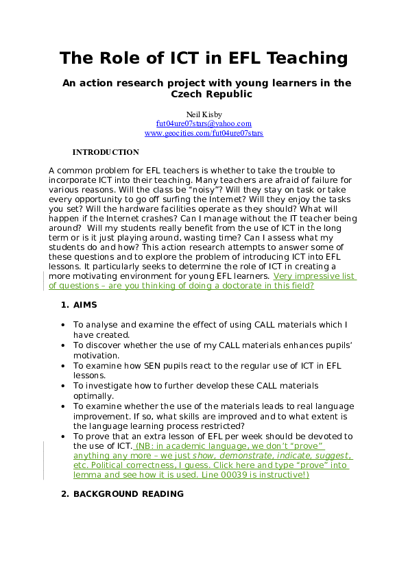 (DOC) The Role of ICT in EFL Teaching An action research project with ...
