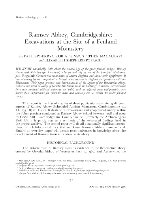 Ramsey Abbey, Cambridgeshire: Excavations at the Site of a Fenland Monastery