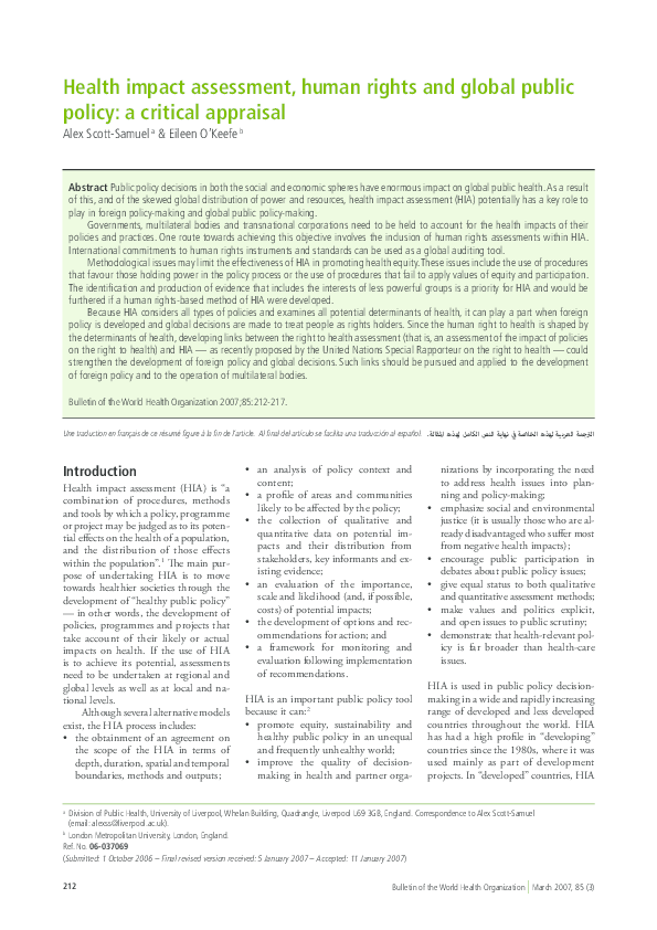 (PDF) Health impact assessment, human rights and global public policy ...