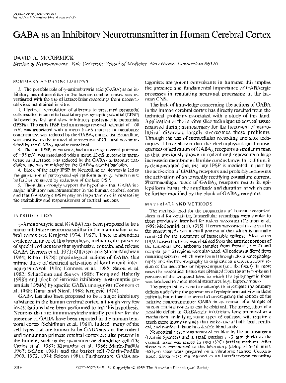 (PDF) GABA as an Inhibitory Neurotransmitter in Human Cerebral Cortex
