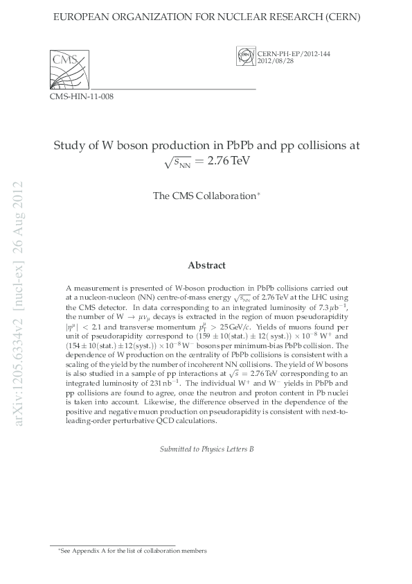 (PDF) Study of W boson production in PbPb and pp collisions at $\sqrt{s ...