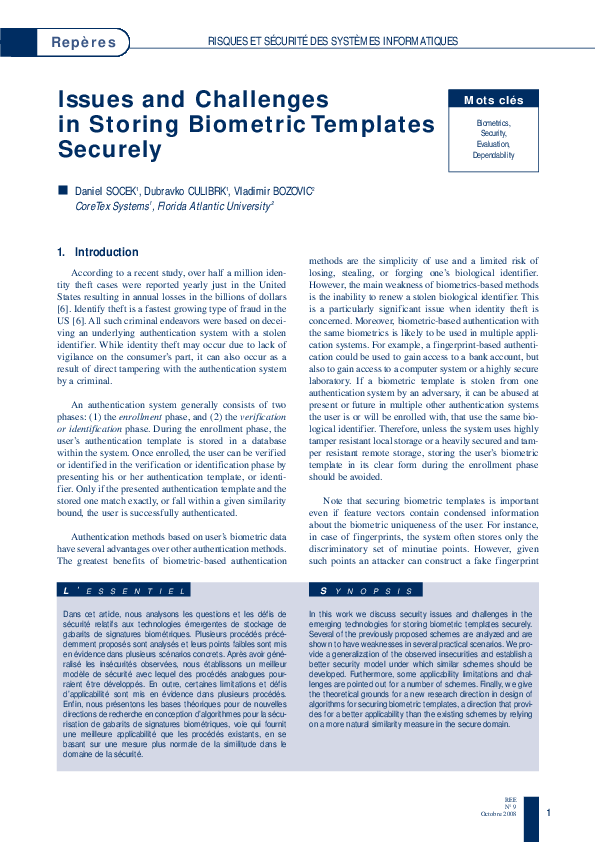 (PDF) Issues and Challenges In Storing Biometric Templates Securely