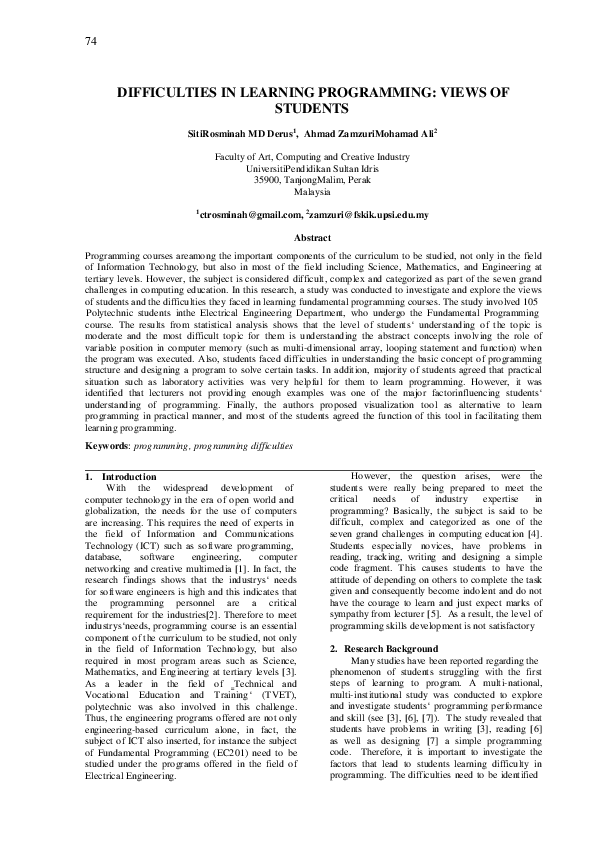 (PDF) DIFFICULTIES IN LEARNING PROGRAMMING: VIEWS OF STUDENTS