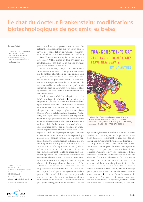 Pdf Le Chat Du Docteur Frankenstein Modifications Biotechnologiques De Nos Amis Les Betes Johann A R Roduit Academia Edu
