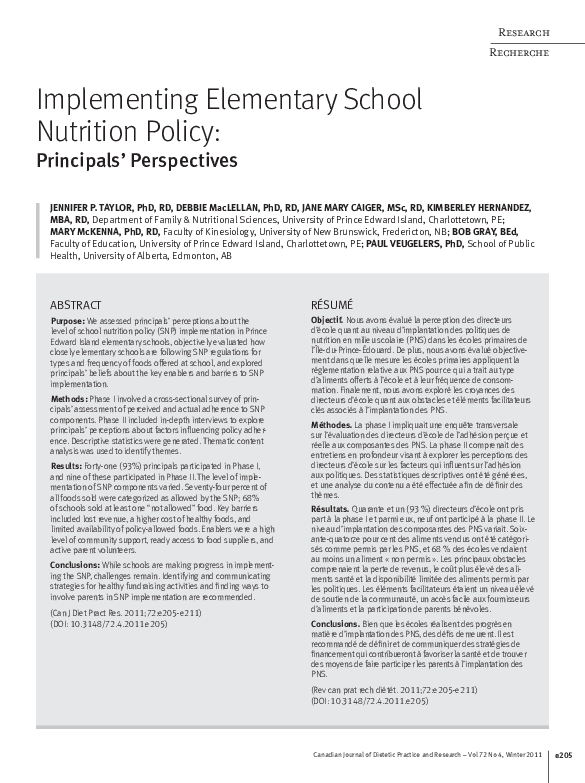 (PDF) Implementing Elementary School Nutrition Policy: Principals ...