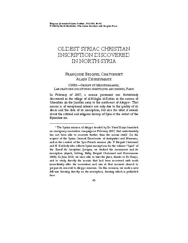 (PDF) Oldest Syriac Inscription on a mosaic from Nabgha, Syria