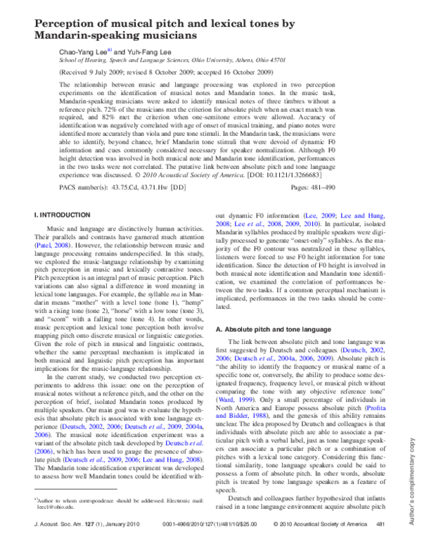 (PDF) Perception of musical pitch and lexical tones by Mandarin ...