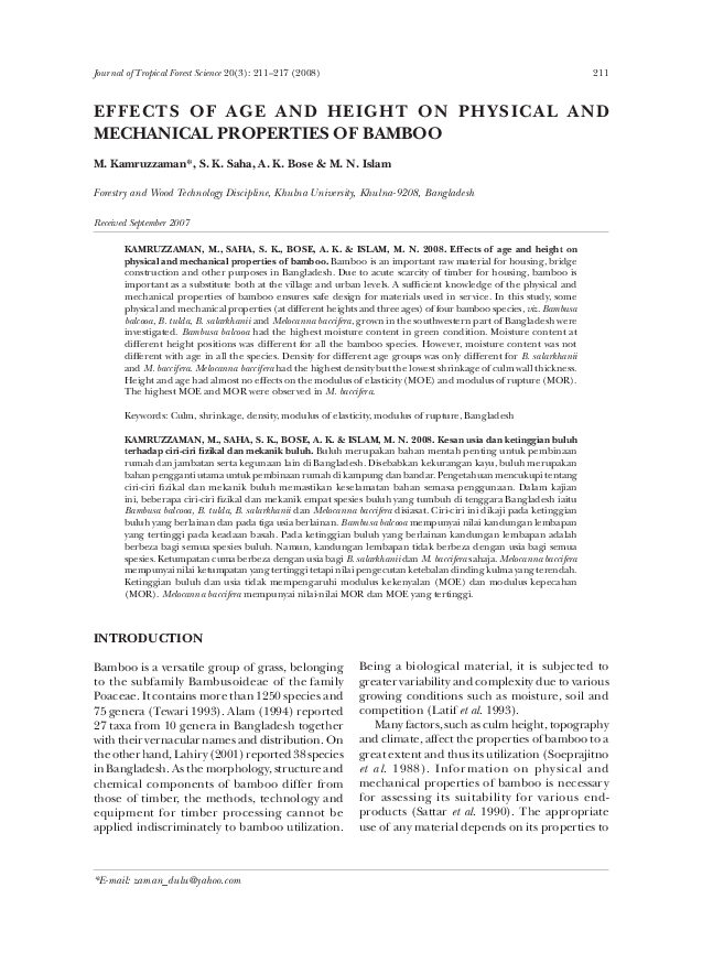 Effects of age and height on physical and mechanical properties of bamboo