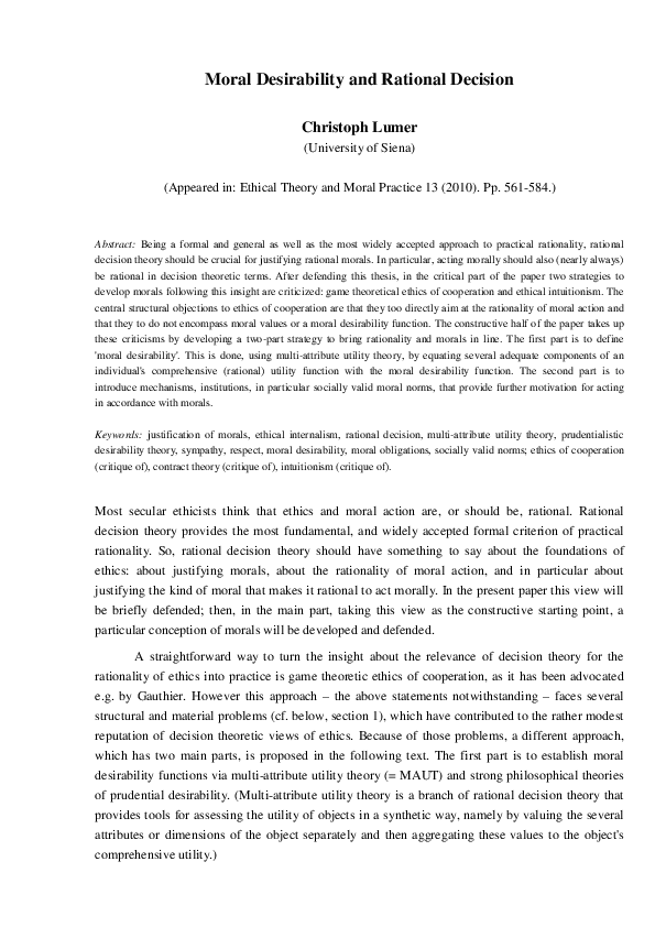 MoralDesirability and Rational Decision