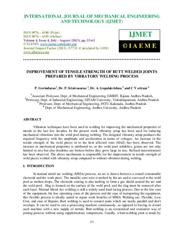 (PDF) IMPROVEMENT OF TENSILE STRENGTH OF BUTT WELDED JOINTS