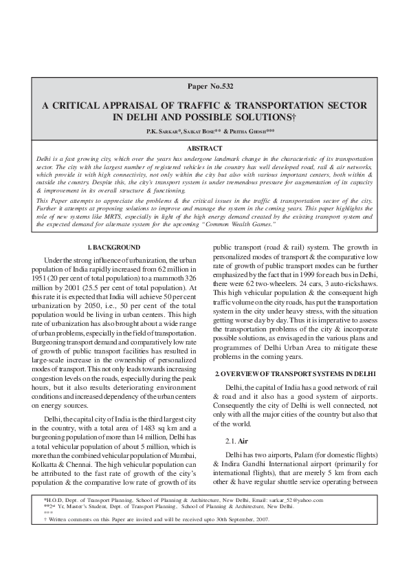 (PDF) A Critical Appraisal of Traffic and Transportation Sector in ...