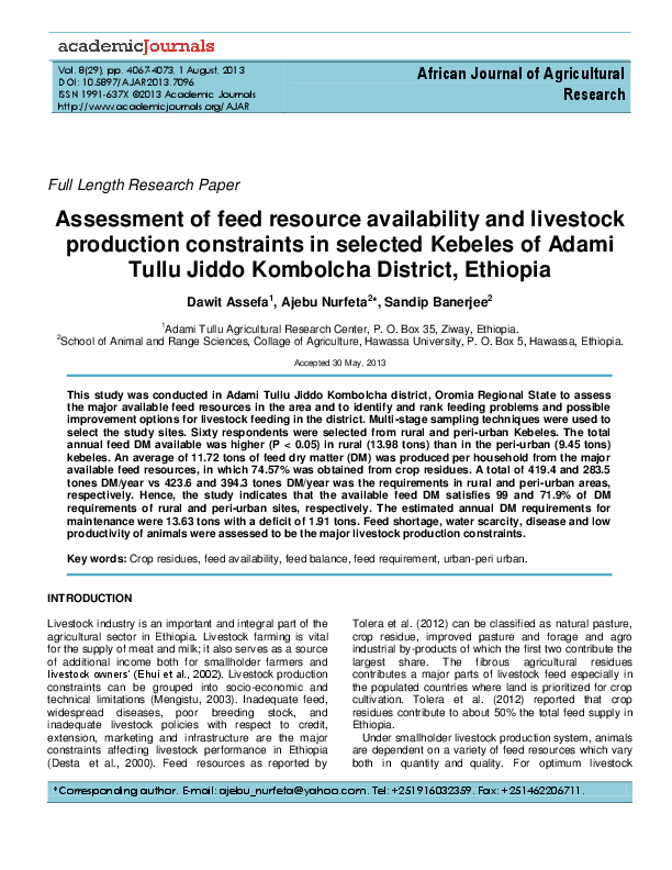 (PDF) Assessment of feed resource availability and livestock production