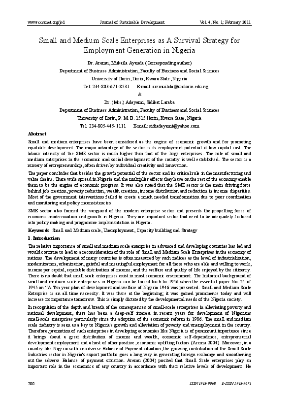 (PDF) Small and Medium Scale Enterprises as A Survival Strategy for ...
