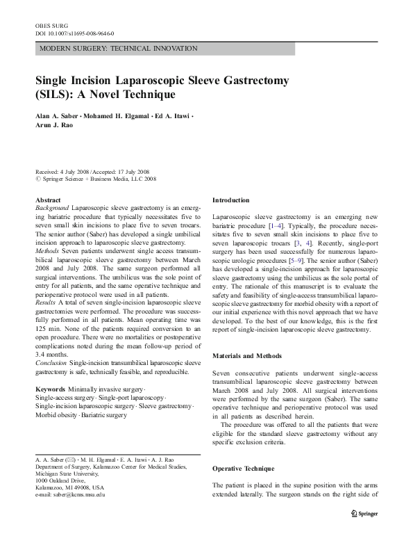 (PDF) Single Incision Laparoscopic Sleeve Gastrectomy (SILS): A Novel ...