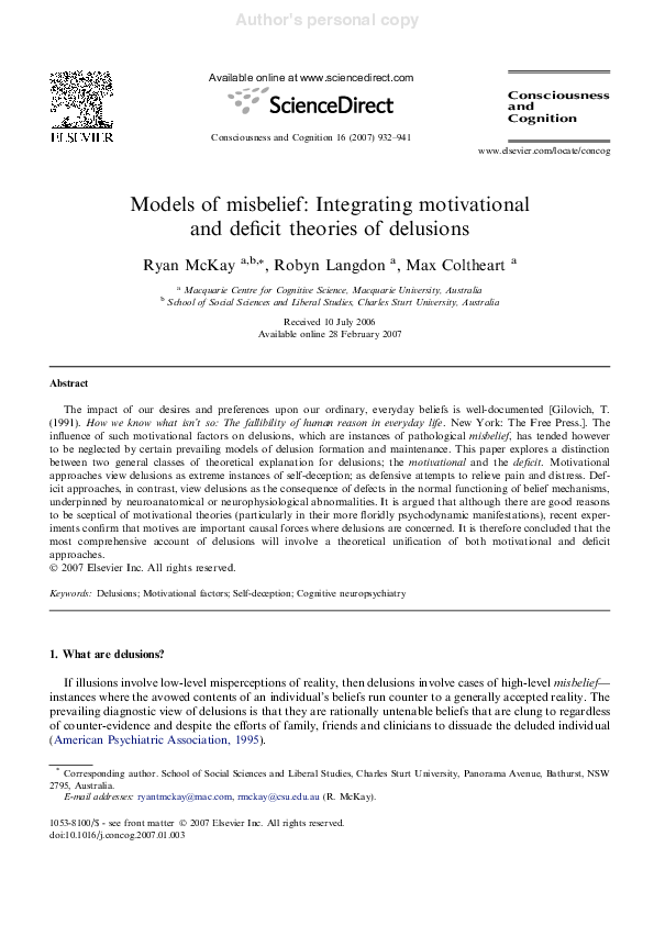 (PDF) Models of misbelief: Integrating motivational and deﬁcit theories ...