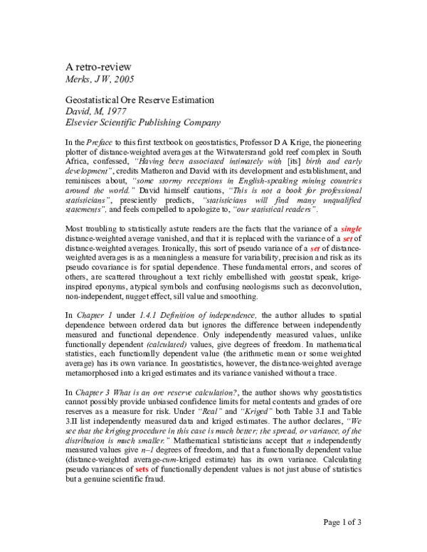 Pdf Geostatistical Ore Reserve Estimation Pdf Geostatistical Ore Reserve Estimation