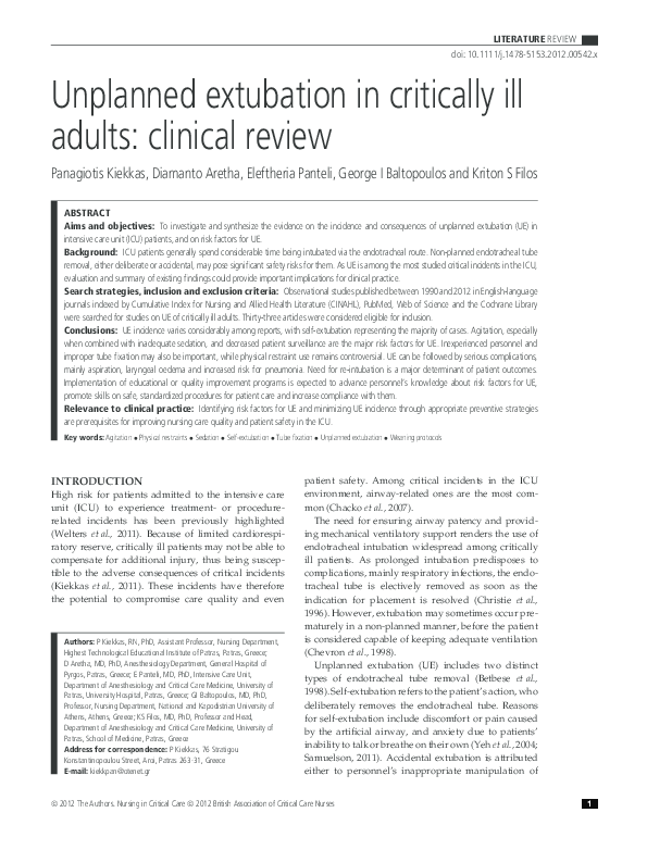 (PDF) Unplanned extubation in critically ill adults: clinical review.