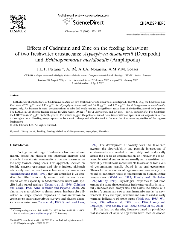(PDF) Eﬀects of Cadmium and Zinc on the feeding behaviour of two ...