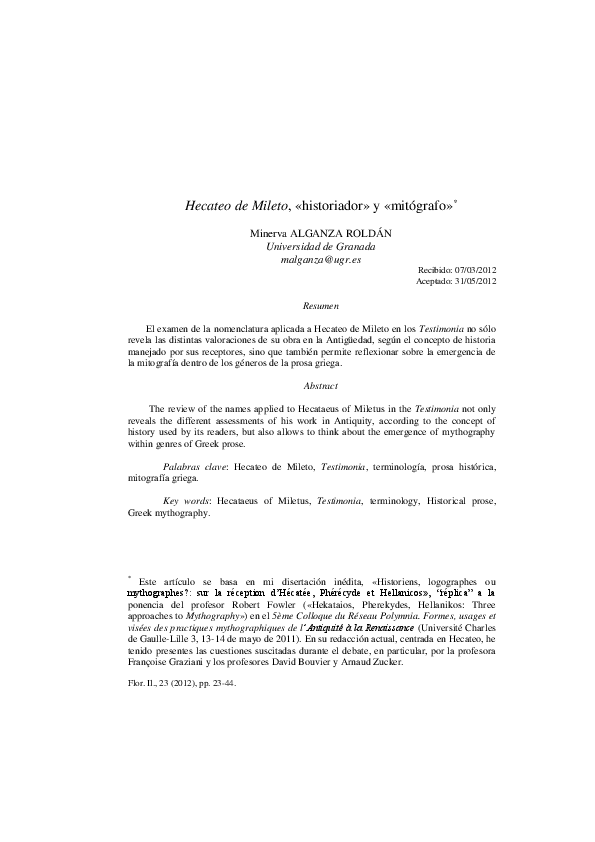 Hecateo de Mileto, «historiador» y «mitógrafo»