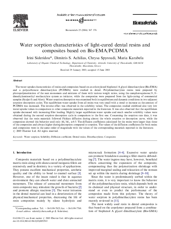 (PDF) Water sorption characteristics of lightcured dental resins and
