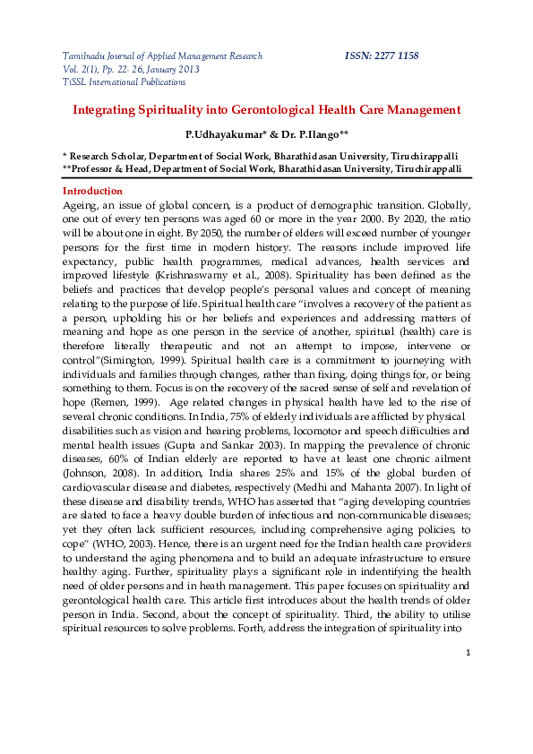 (PDF) Integrating Spirituality in Modern Health Care Management