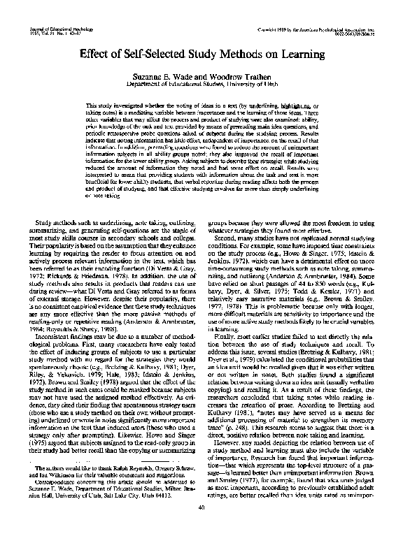 (PDF) Effect of Self-Selected Study Methods on Learning