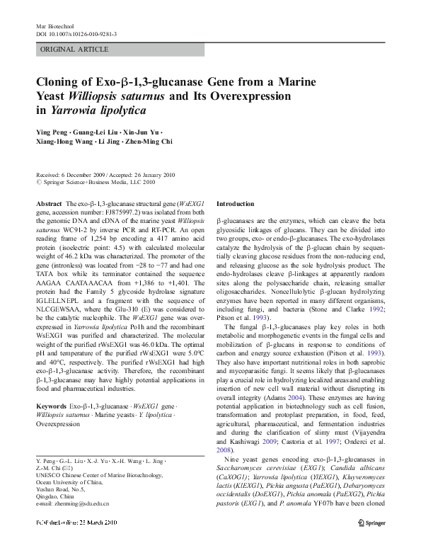 (PDF) Cloning of exo β 1 3 glucanase gene from a marine yeast ...