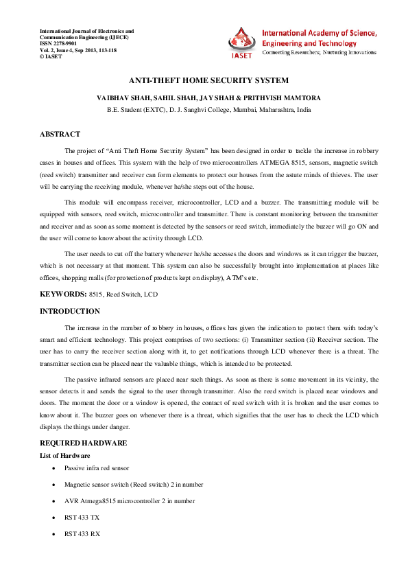 (PDF) ANTITHEFT HOME SECURITY SYSTEM IASET US Academia.edu
